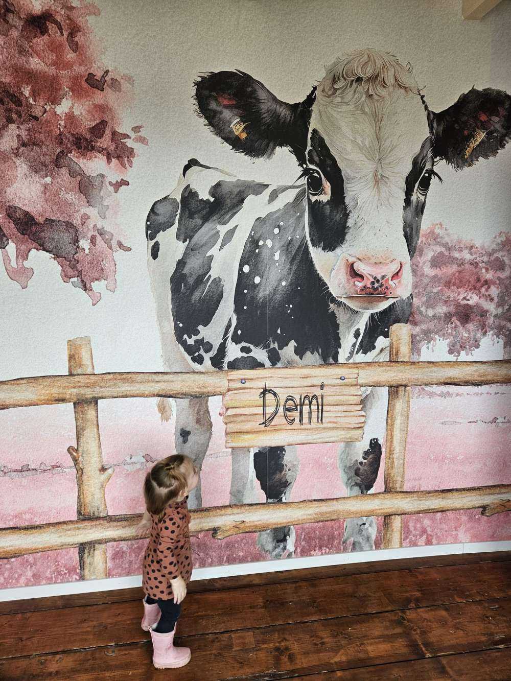 Młoda krowa na łące różowa