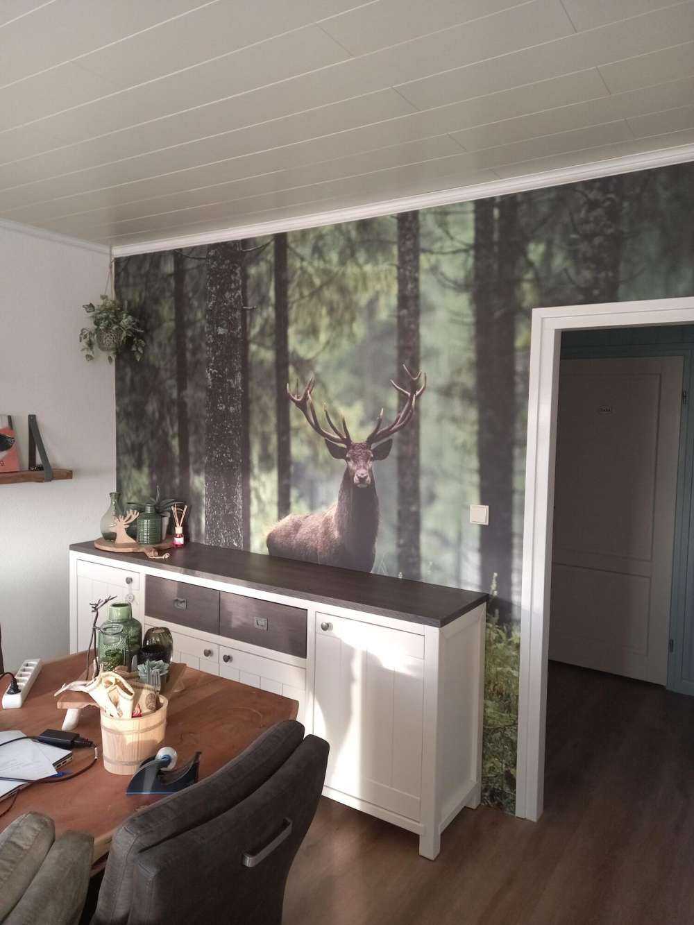 Duży jeleń między drzewami