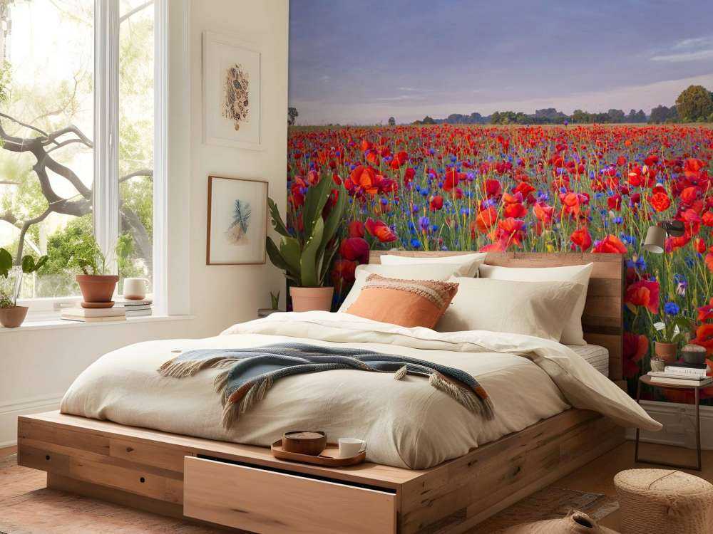 Niebieskie kwiaty i czerwone maki