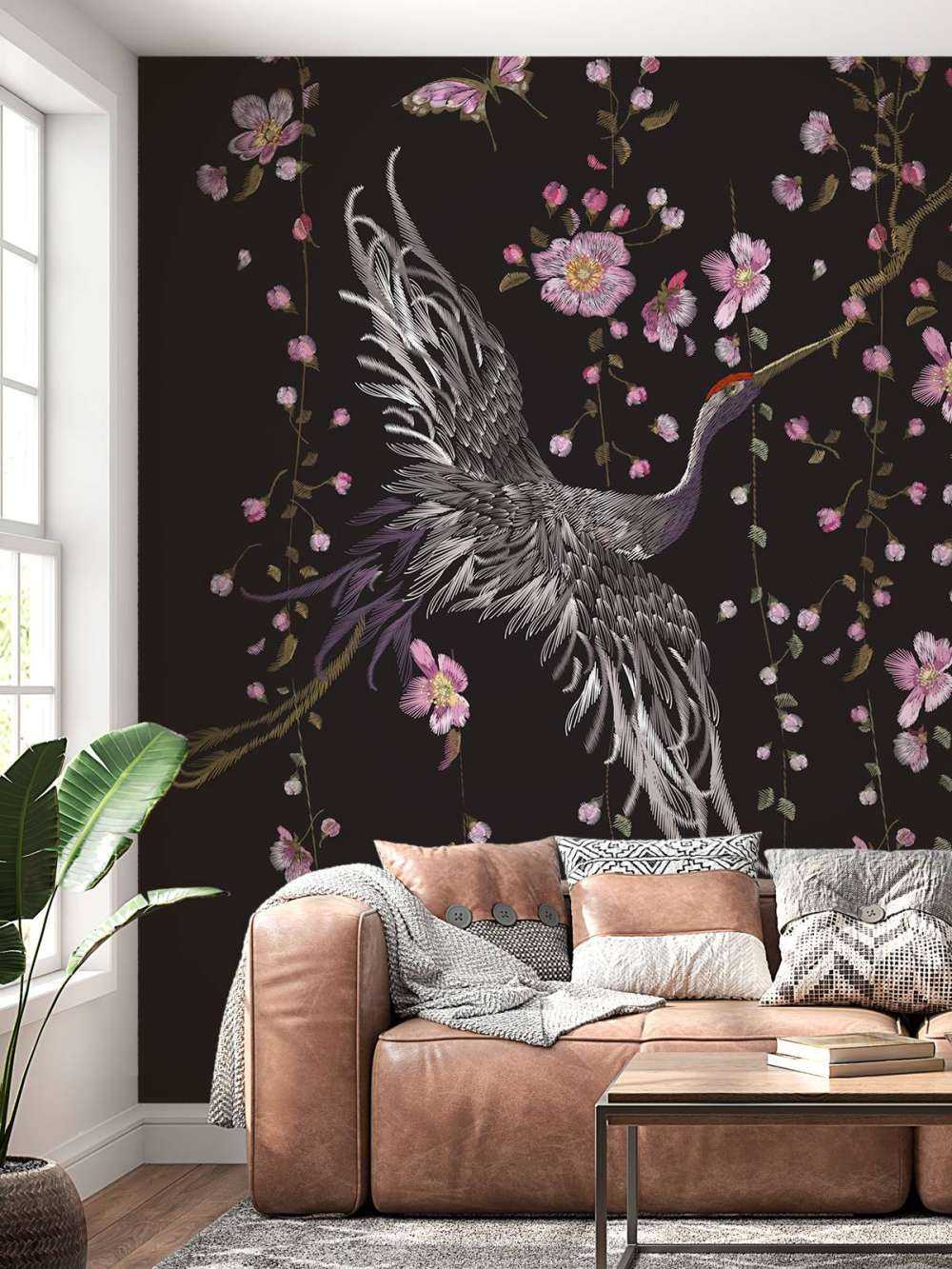 Żurawie z różowymi kwiatami