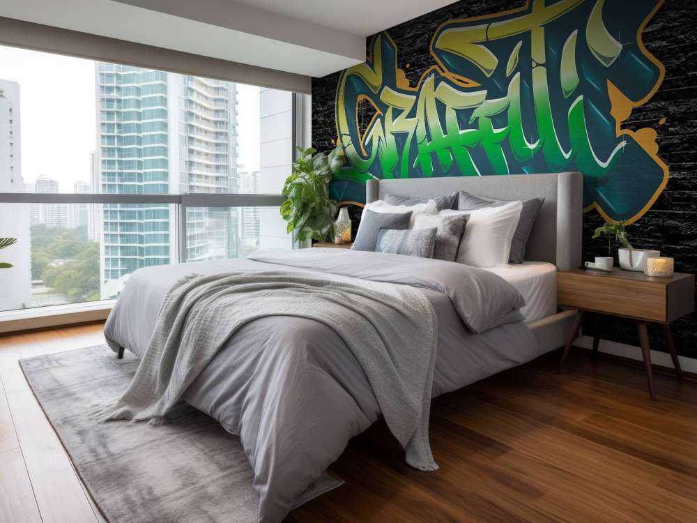 Graffiti na ścianie z czarnej cegły