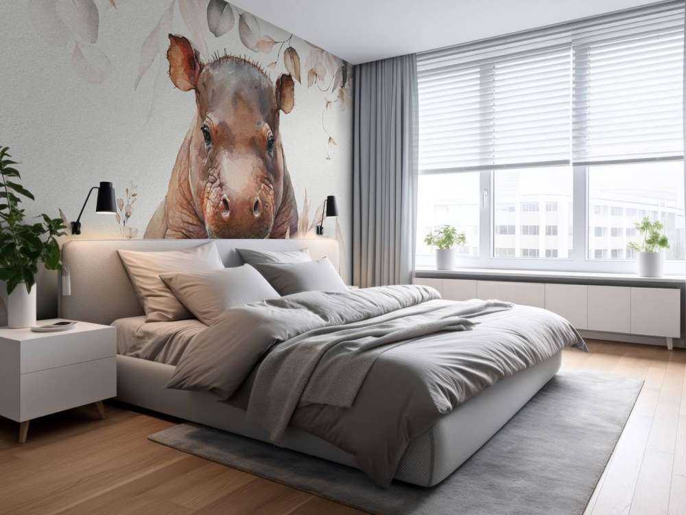 Mały hipopotam w liściach w kolorze beżowym