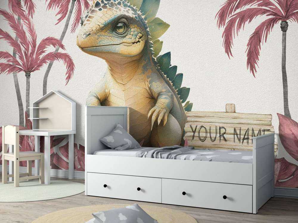 Młody stegozaur w różowej dżungli