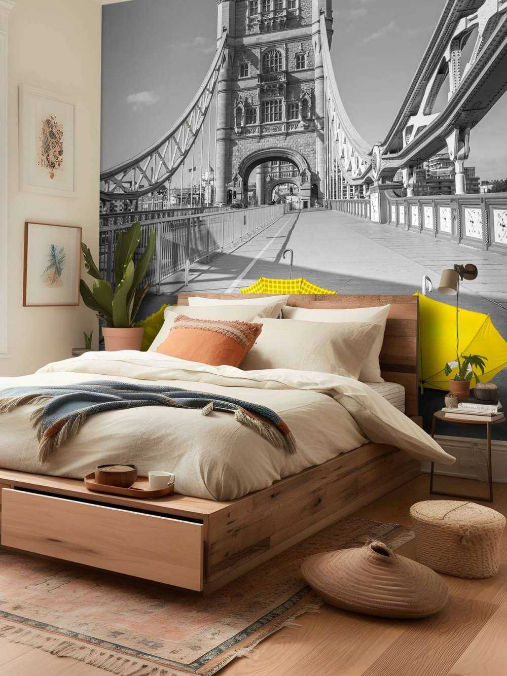 Żółte parasolki na moście wieżowym