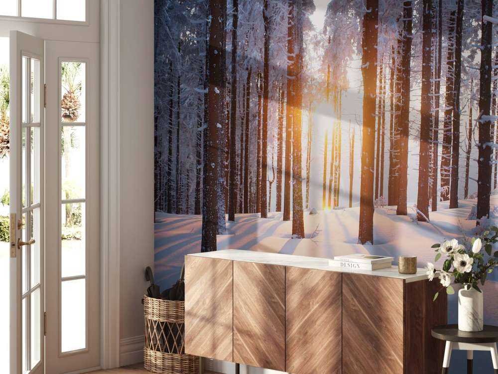 Zachód słońca w zimowym lesie