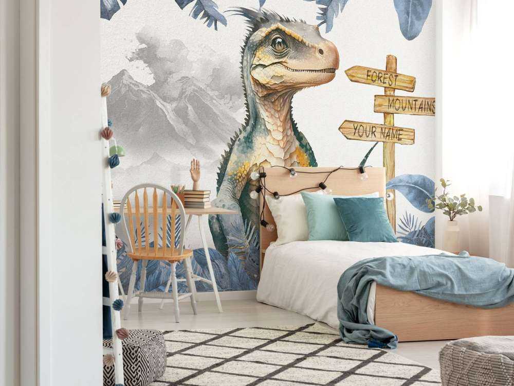 Młody velociraptor w niebieskiej dżungli