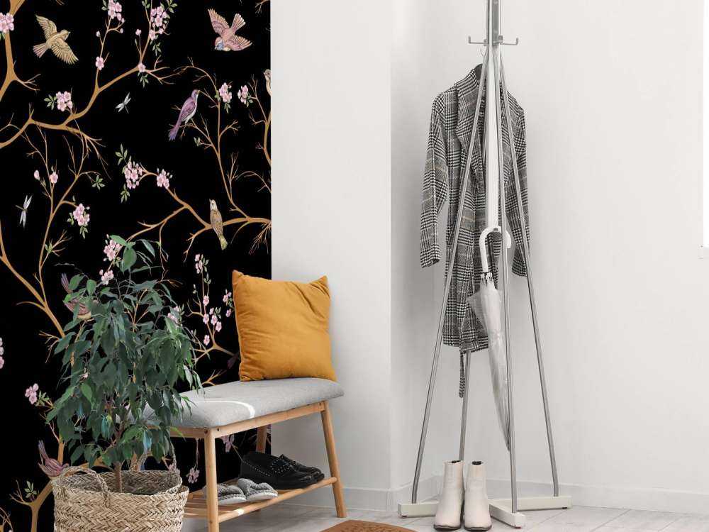 Kwitnące gałęzie z ptakami