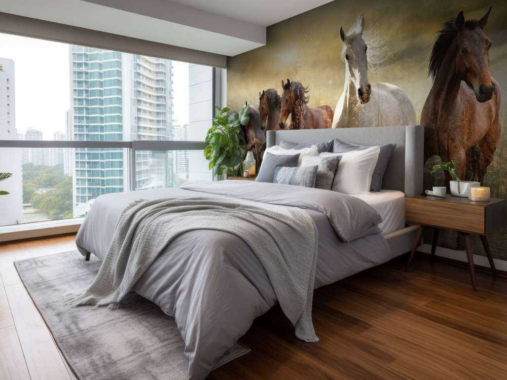 Konie galopujące o zachodzie słońca