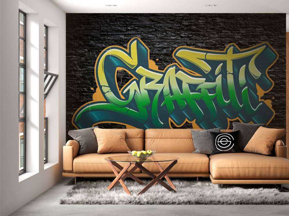 Graffiti na ścianie z czarnej cegły