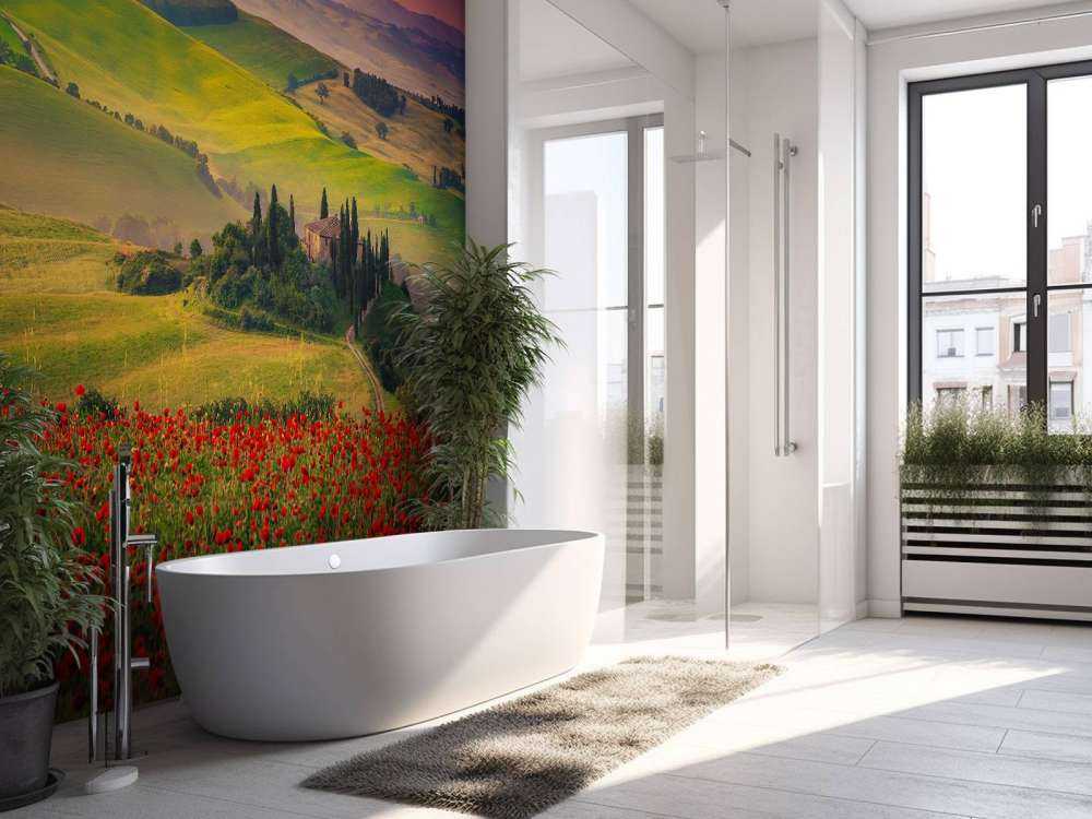 Czerwone maki z włoskim krajobrazem