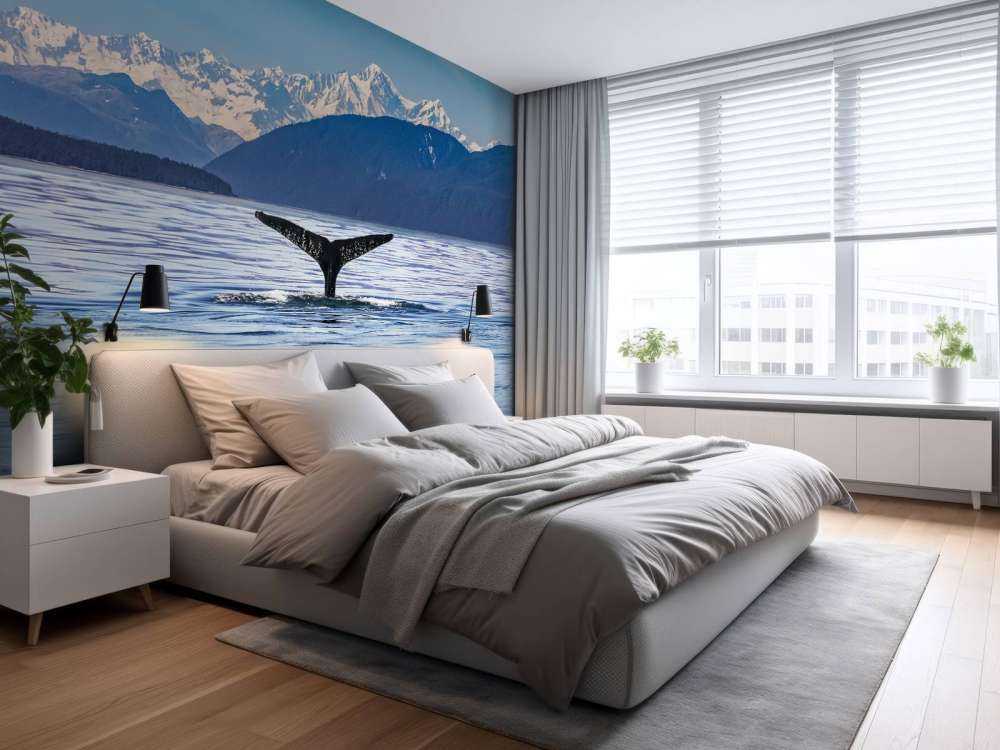 Nurkowanie wieloryba z górami w tle