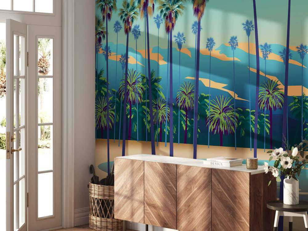 Narysowane jezioro z palmami