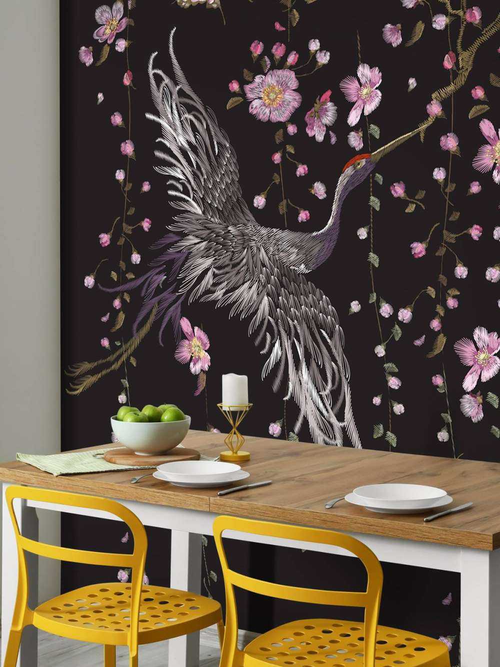 Żurawie z różowymi kwiatami