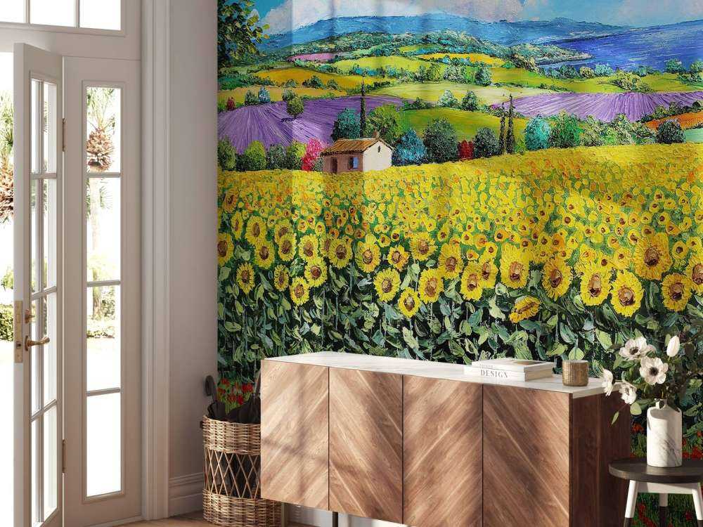 sunflowers, lavender, and sea