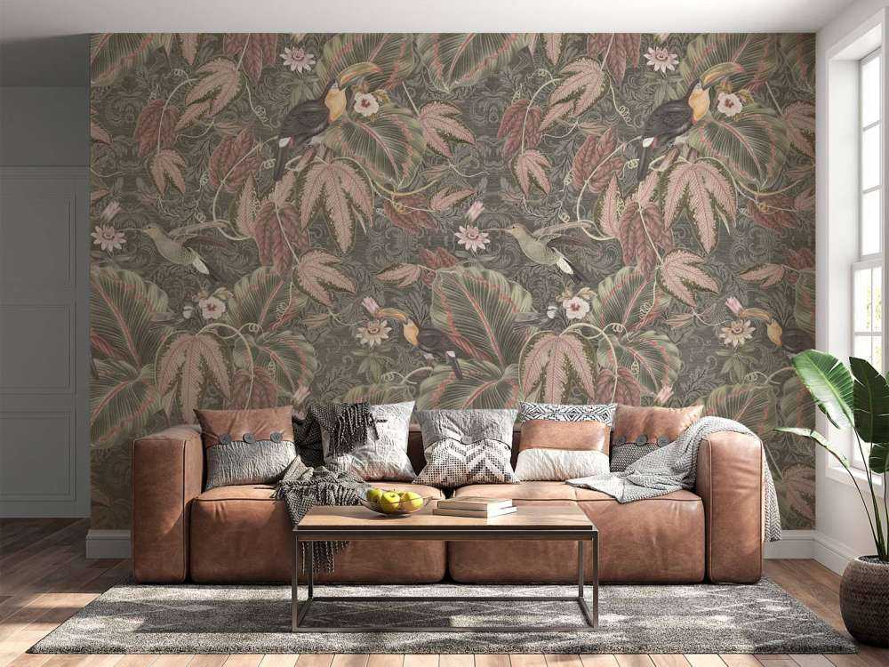 Tropikalne ptaki i tukany z dżungli - zielony vintage