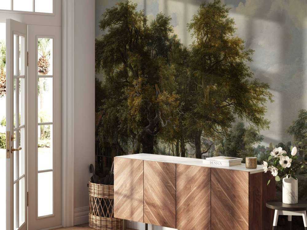 Krajobraz leśny z zabudowaniami gospodarczymi