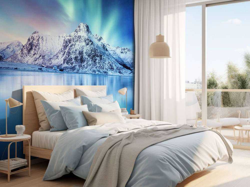 Północne światła nad zamarzniętym oceanem i górami