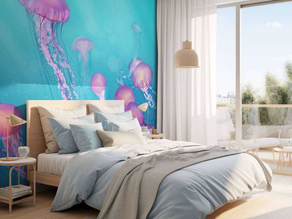 Różowe meduzy w niebieskim morzu