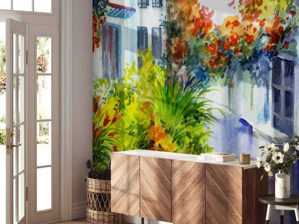 Akwarelowe kwiaty i budynki