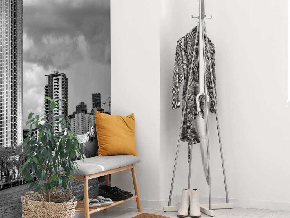 Skyline Rotterdamu (Westerkade) z Katendrecht (czarno-biały) 