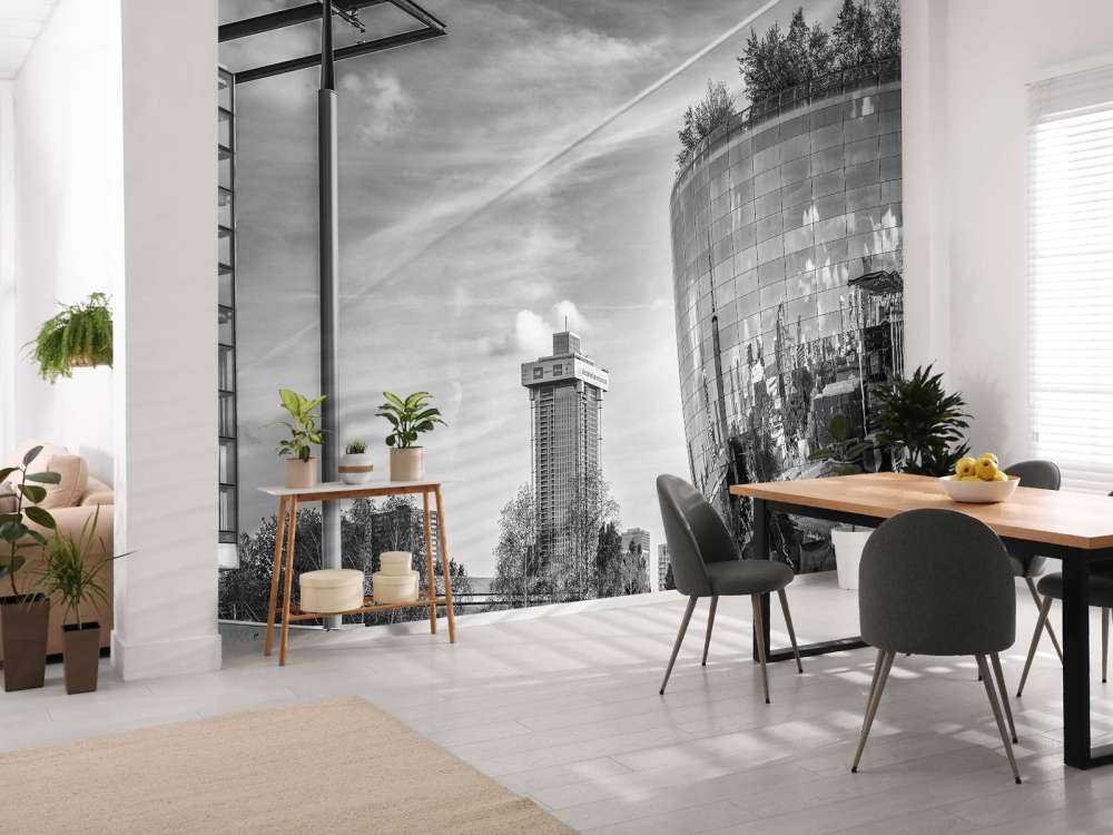 Zajezdnia muzealna w Rotterdamie w czerni i bieli 