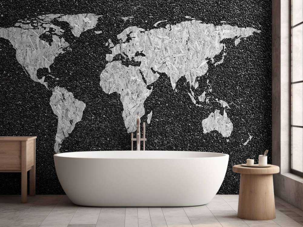 Biała mapa świata na czarnym tle