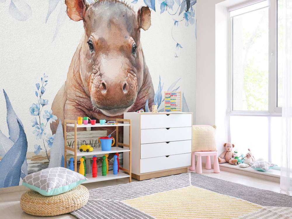 Mały hipopotam w liściach w kolorze niebieskim