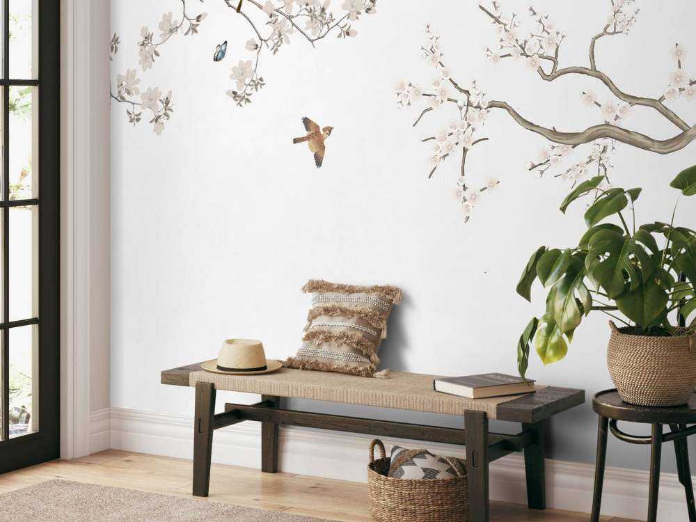 Kwitnące gałęzie i ptaki