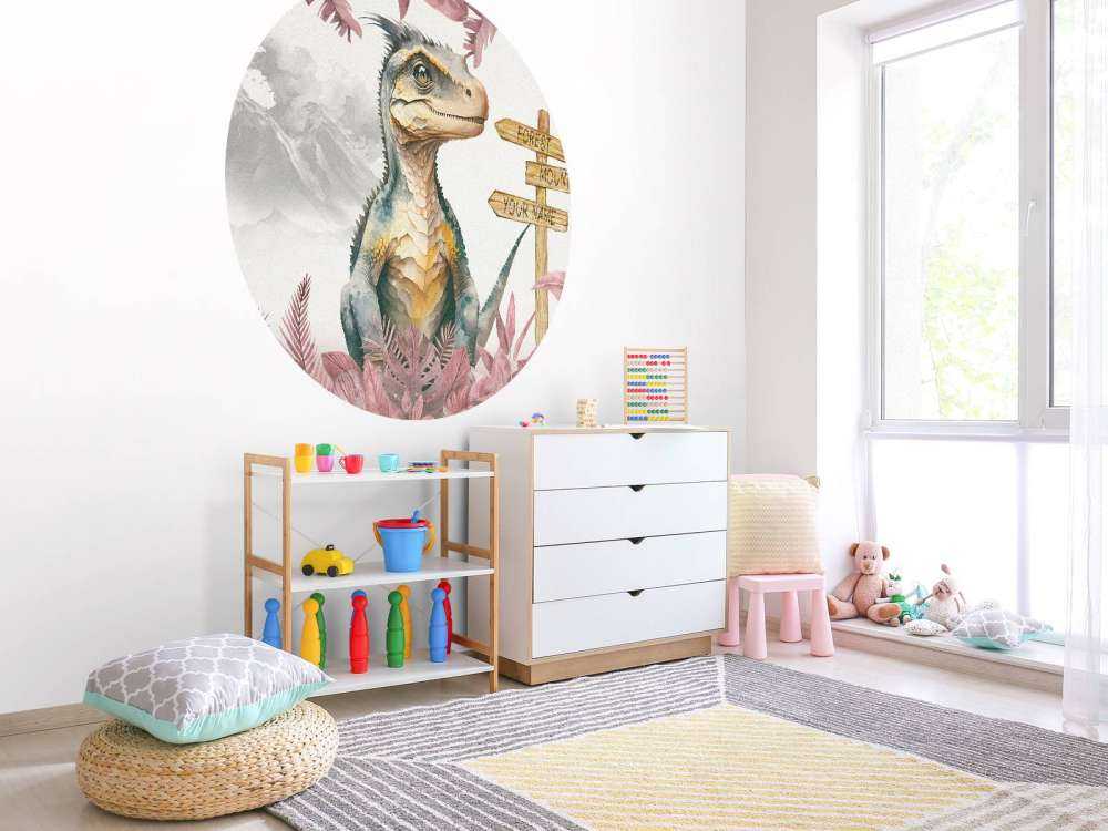 Młody velociraptor w różowej dżungli