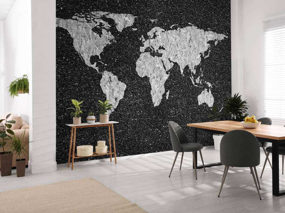 Biała mapa świata na czarnym tle