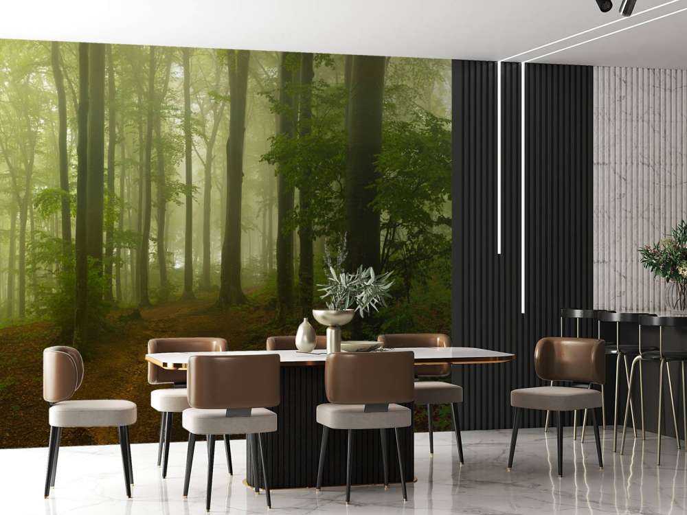 Ścieżka przez mglisty, zielony las