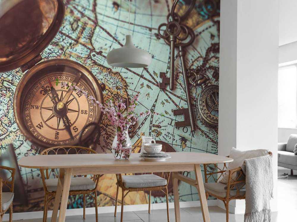 Historyczna mapa świata z kompasem - Fototapety.com