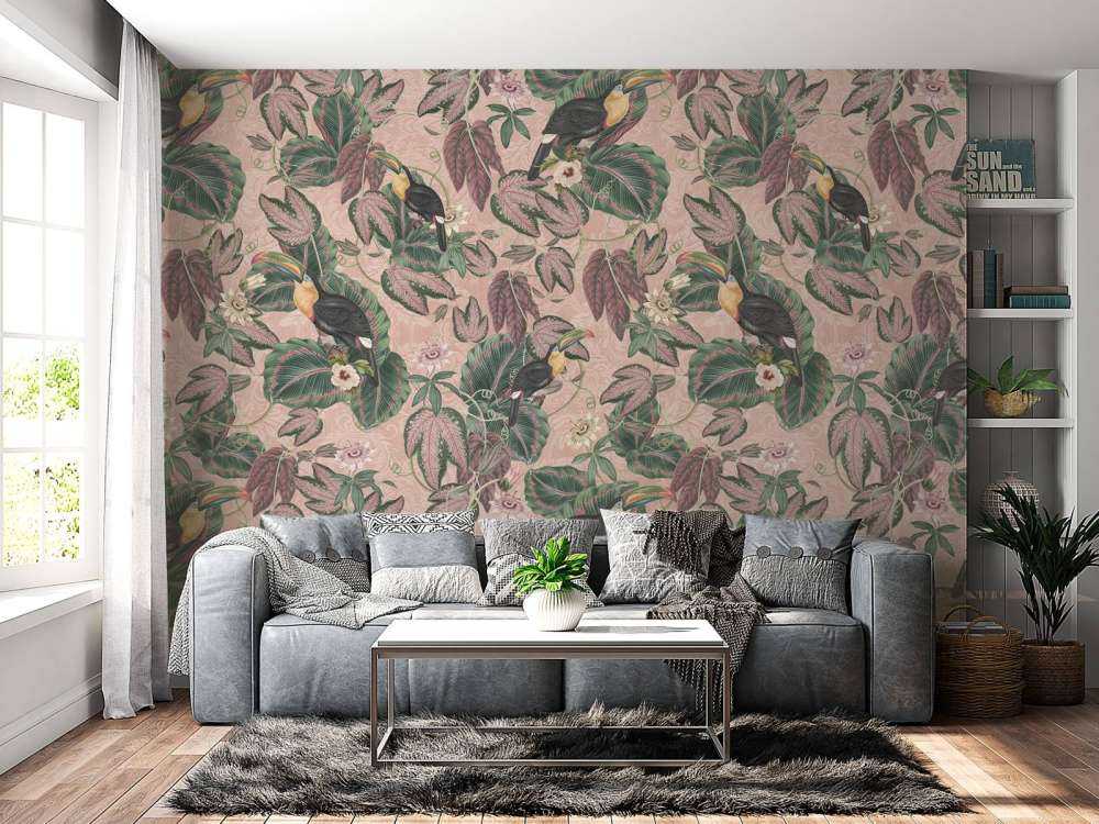 Ptaki i tukany z tropikalnej dżungli - różowy