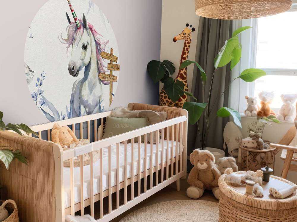 Mały jednorożec z roślinami niebieski