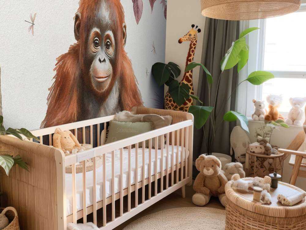 Młody orangutan w dżungli różowy