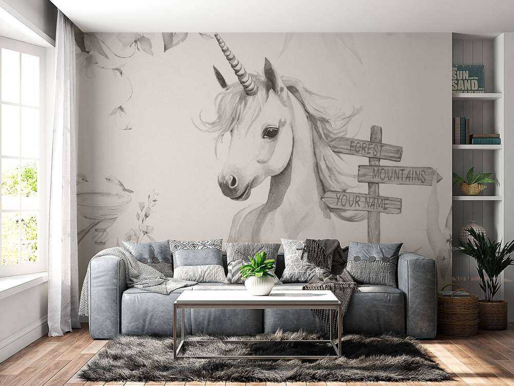 Mały jednorożec z roślinami beżowy