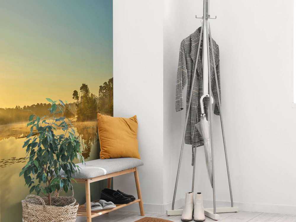 Wschód słońca nad jeziorem leśnym