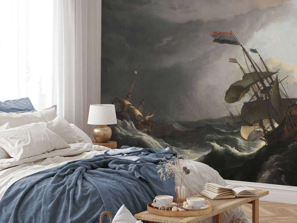 Statki wojenne podczas burzy