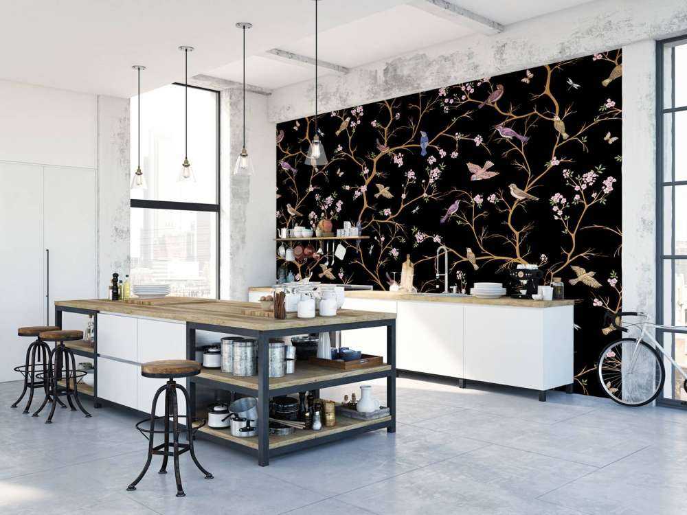 Kwitnące gałęzie z ptakami