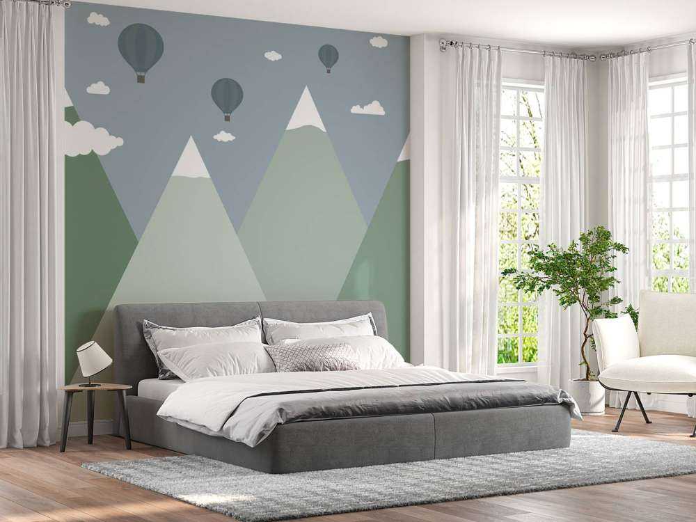 Górski krajobraz z balonami na gorące powietrze