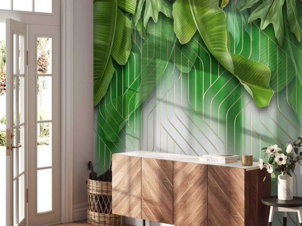 Efekt złotych linii z zielonymi liśćmi