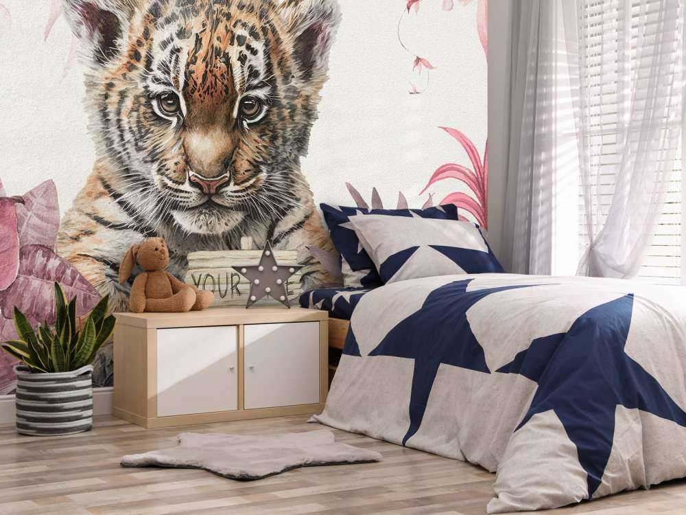 Śliczny tygrys z roślinami w kolorze różowym