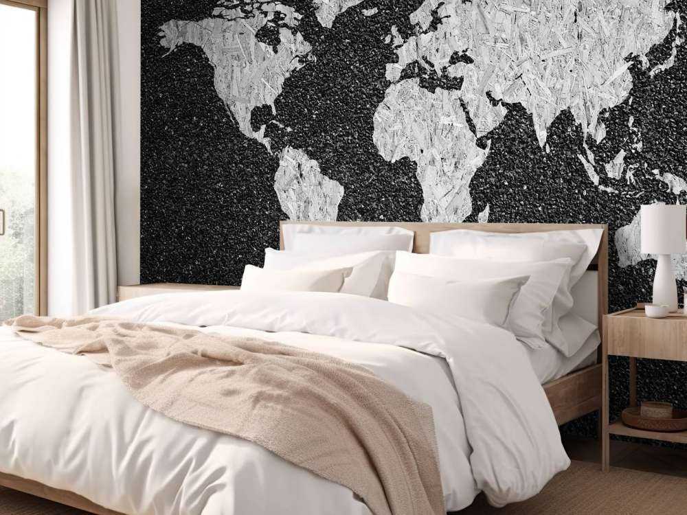 Biała mapa świata na czarnym tle