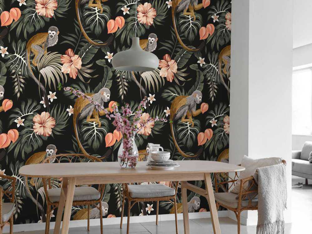 Liście tropikalne z małpami