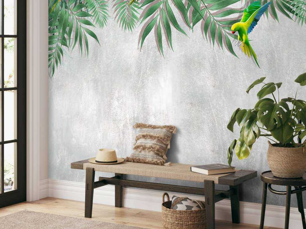 Tropikalne liście i papużki nierozłączki