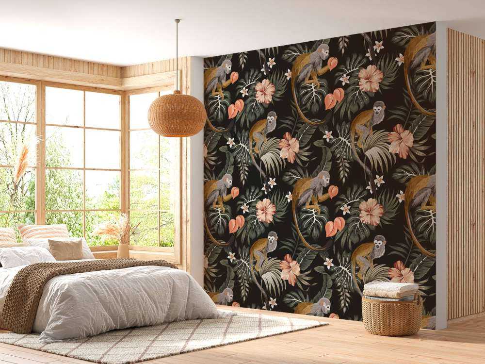 Liście tropikalne z małpami