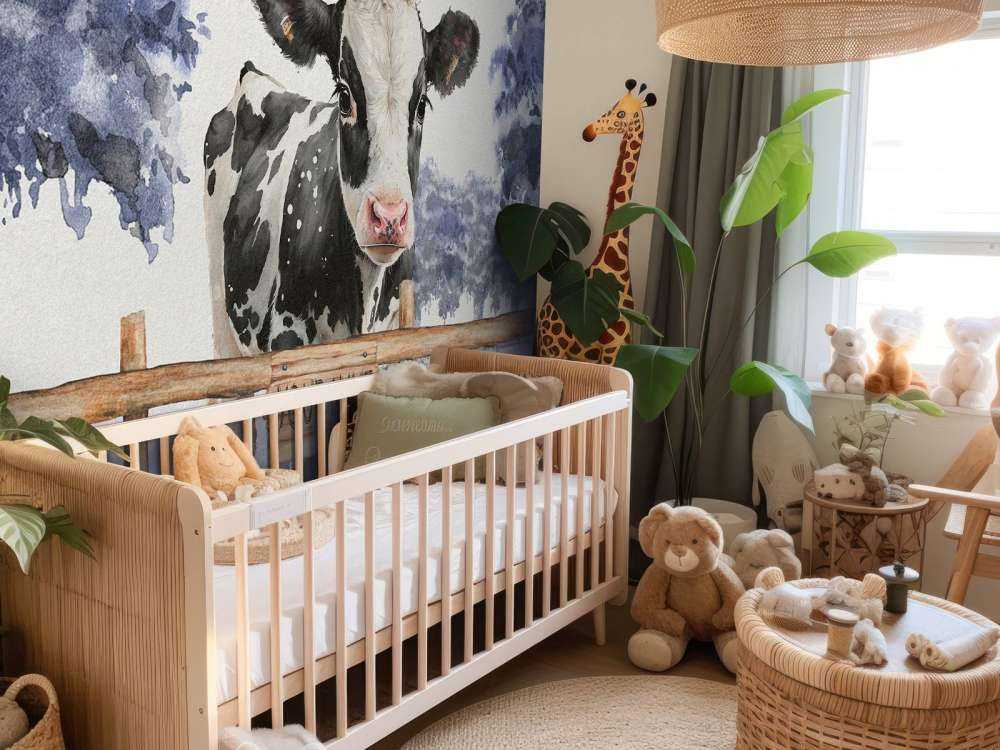 Młoda krowa na łące w kolorze niebieskim