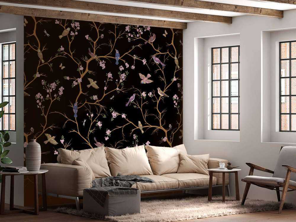 Kwitnące gałęzie z ptakami