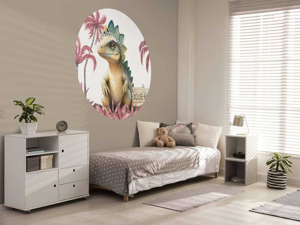 Młody stegozaur w różowej dżungli