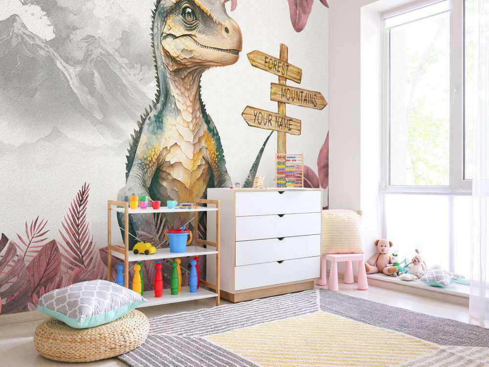 Młody velociraptor w różowej dżungli